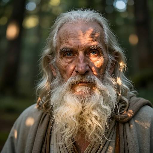 Photograph of an elderly man with long, wavy white beard, intense blue eyes, and sunlit forest background, wearing a worn, brown hood