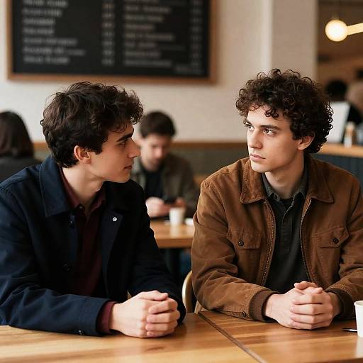 Two Men Engaged in Cafe Conversation