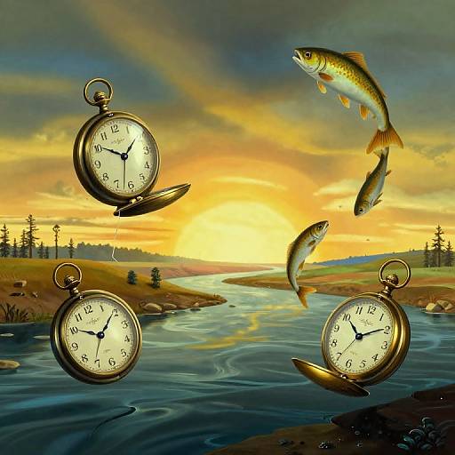 Digital artwork: Three floating pocket watches with gold rims and white faces hover above a sunset-lit river, with two fish swimming nearby, set against a