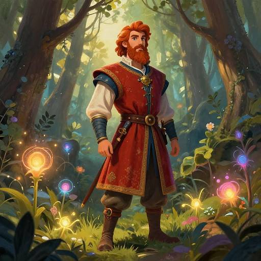 Digital illustration of a bearded man with red hair, wearing a red medieval-style tunic, standing in a magical forest illuminated by glowing flowers and sunlight