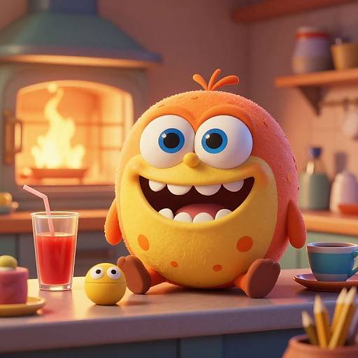 CGI cartoon image of a cheerful, orange, round creature with big eyes and sharp teeth, sitting on a kitchen counter with a drink and small yellow