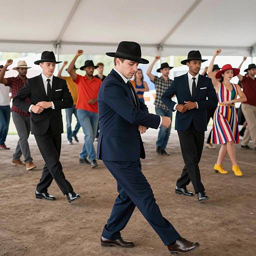 Group Dancing in Tent with Men in Suits and Hats