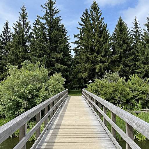 Serene Wooden Bridge Amidst Pine Forest