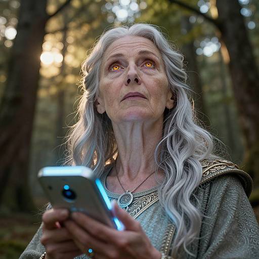 Photograph of an elderly woman with long, wavy white hair, glowing yellow eyes, wearing a medieval-style green dress, holding a glowing smartphone in