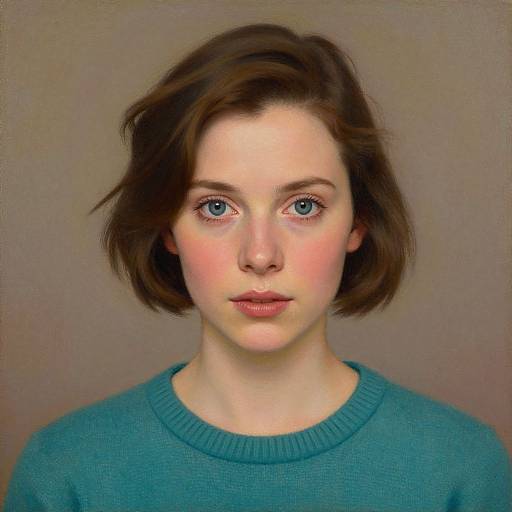 Digital portrait of a young woman with fair skin, blue eyes, short brown hair, and a teal sweater, against a neutral background.