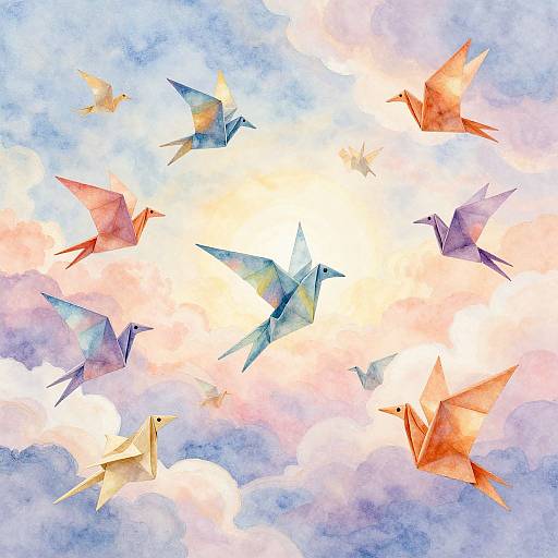 Watercolor-style digital art of colorful origami birds flying in a cloudy, pastel sky with a bright, glowing sun at center.