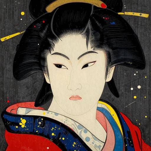 Digital illustration of a traditional Japanese geisha with black hair, red lipstick, and a colorful kimono, set against a dark textured background with splatters