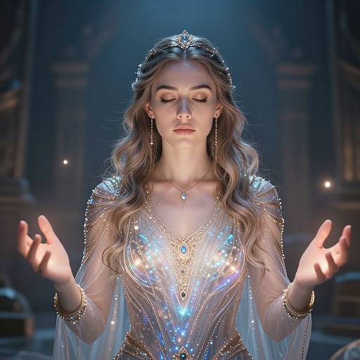 Digital artwork of a fair-skinned, blonde woman with wavy hair, wearing a shimmering, blue-embellished gown and tiara,