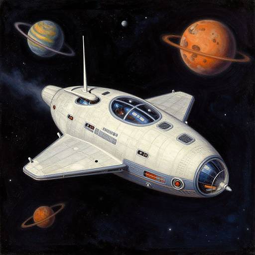 Illustrated space scene: white, retro-futuristic spacecraft with cockpit and wings, flying through dark space with two colorful planets and rings.