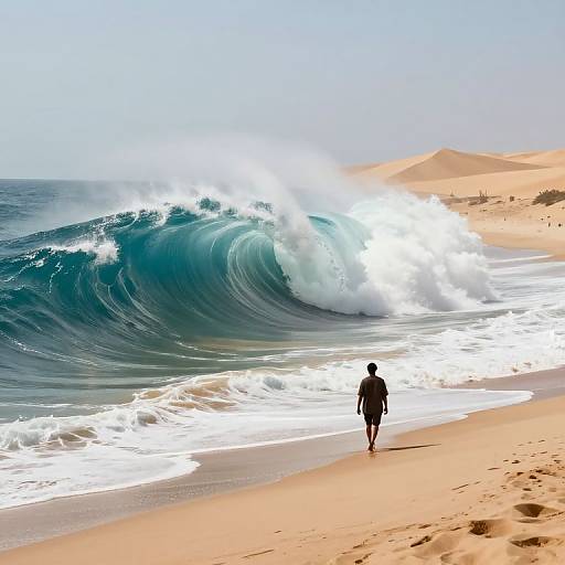 Photograph of a lone surfer in a black wetsuit walking on a sandy beach with a massive, crashing ocean wave in the background under a