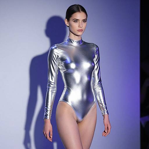 Photograph of a young woman with fair skin and dark hair in a sleek bun, wearing a shiny silver, long-sleeve, high-neck le