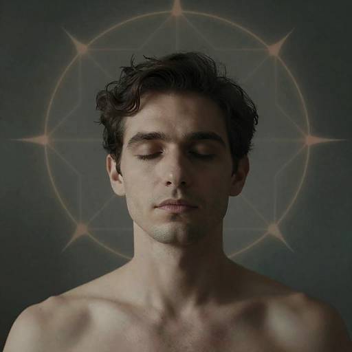 Photograph of a shirtless, dark-haired man with closed eyes, centered against a dark background with a glowing, geometric halo.
