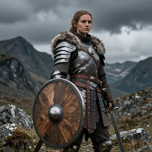 Photograph of a determined, blonde, fair-skinned woman in medieval Viking armor with fur trim, holding a wooden shield and sword, standing in a