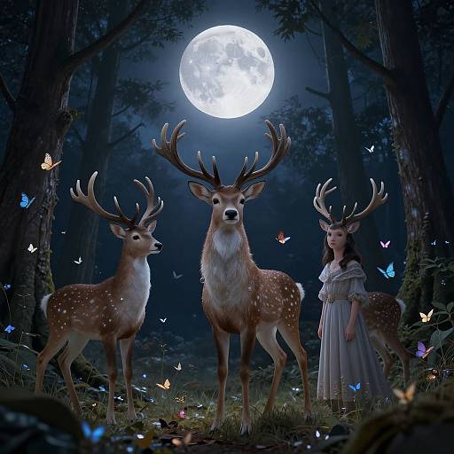 Digital art of a moonlit forest with three deer, two with antlers, and a girl in a white dress, surrounded by glowing butterflies.