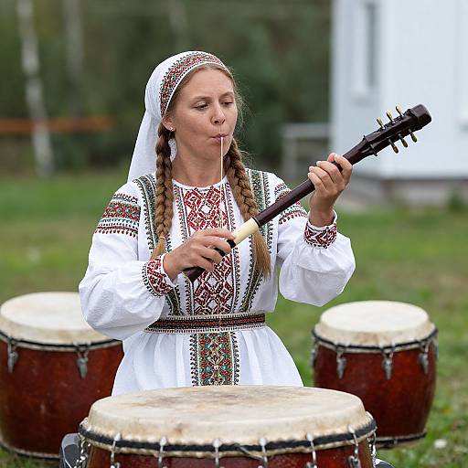Woman in Russian Attire with Instruments