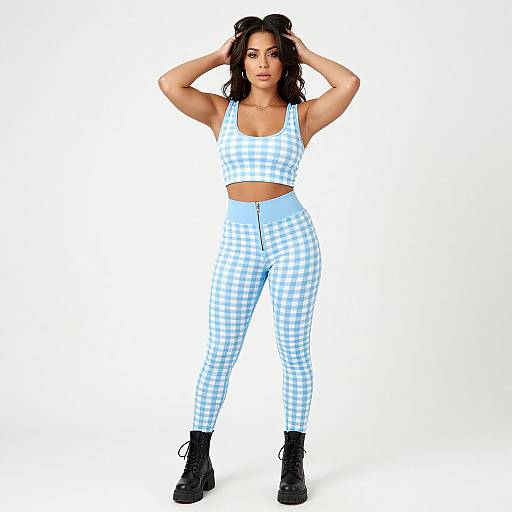 Photograph of a confident woman with dark curly hair, wearing a blue and white checkered sports bra and matching high-waisted leggings, black boots