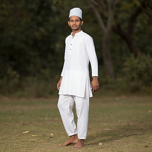 Photograph of a South Asian man with a medium build, dark skin, and short beard, wearing a white traditional outfit and cap, barefoot,