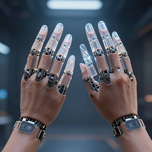 Photograph of two hands with transparent, futuristic, finger-shaped sensors and black circuitry, raised against a blurred, dark, high-tech background.