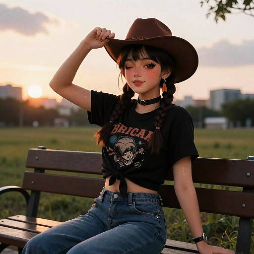 Sunset City Girl on Bench