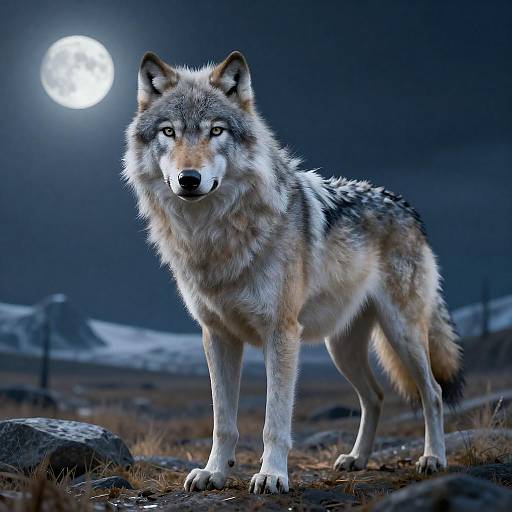 Moonlit Silver Wolf in Arctic Tundra