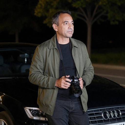 Middle-Aged Man Holding Camera by Black Audi at Night