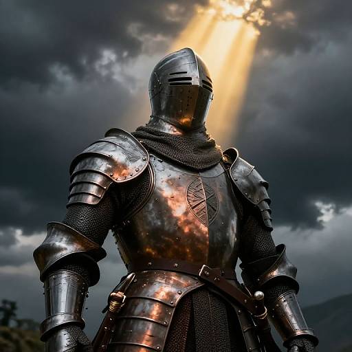 Photograph of a knight in shiny, reflective medieval armor with a sunbeam piercing through dark, stormy clouds in the background.