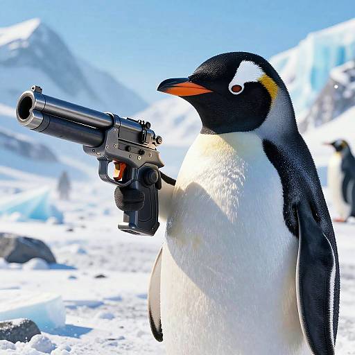Photograph of a penguin holding a silver revolver, standing on snowy ice with a bright blue sky and distant mountains.