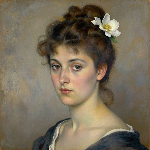 Realistic oil painting of a young Caucasian woman with brown hair, a white flower in her hair, and soft, contemplative expression.