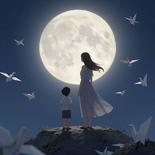 Digital illustration of a woman and child standing on a hill, gazing at a full moon, surrounded by white paper cranes.