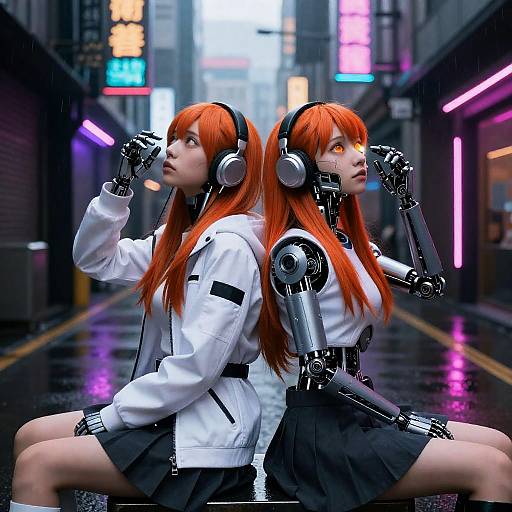 Photorealistic CGI of two red-haired women in white jackets and black skirts, robotic arms, and headphones, sitting in a neon-lit, rainy