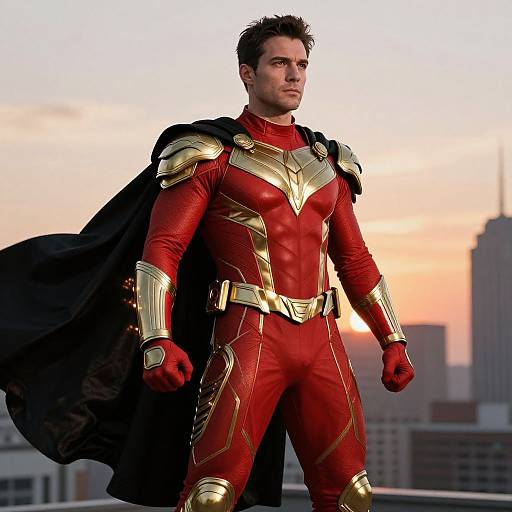 Photorealistic CGI of a muscular man in a red and gold superhero suit with black cape, standing on rooftop at sunset.