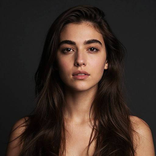 Photograph of a young woman with long, dark brown hair, fair skin, and brown eyes, against a dark background, looking directly at the camera