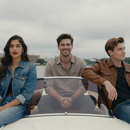 Photograph of three people seated in a white car: a red-lipstick-wearing woman in a denim jacket on the left, a smiling man