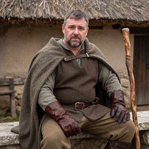 Photograph of a rugged, bearded man in medieval attire, brown cloak, gloves, and wooden staff, seated outdoors by a rustic stone building.