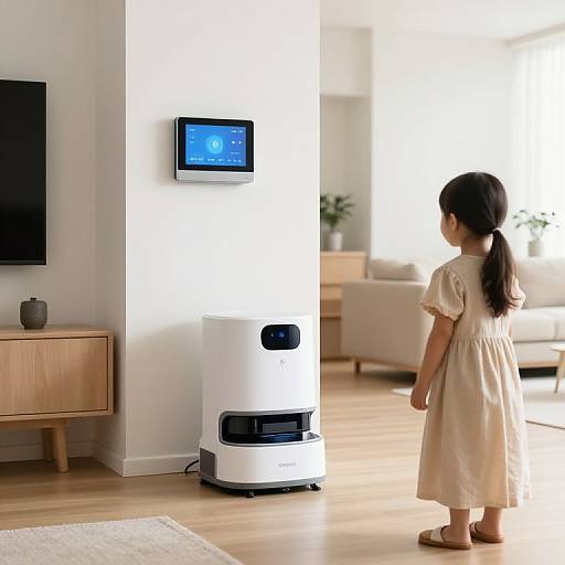 Photograph of a young Asian girl in a beige dress standing in a bright living room, observing a white electric heater with a digital display.