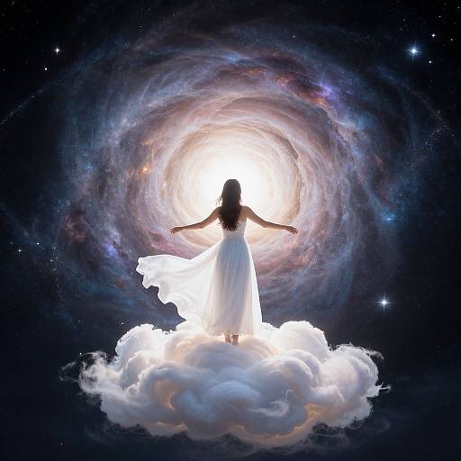 Silhouetted angelic woman in white dress stands on cloud, arms outstretched, surrounded by swirling cosmic galaxy and stars.