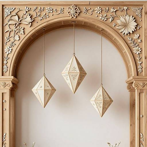 Photograph of three diamond-shaped, patterned lanterns hanging from a detailed wooden arch with floral carvings on a white background.