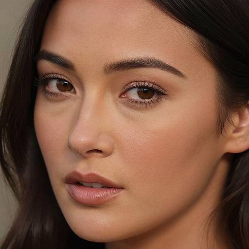 Close-up photograph of a young woman with fair skin, dark brown eyes, full eyebrows, and dark brown hair, looking slightly to the left. She