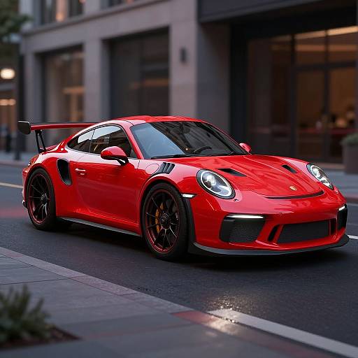 Photograph of a vibrant red, high-performance Porsche 911 GT2 RS with black rims, parked on an urban street at dusk, sleek city buildings