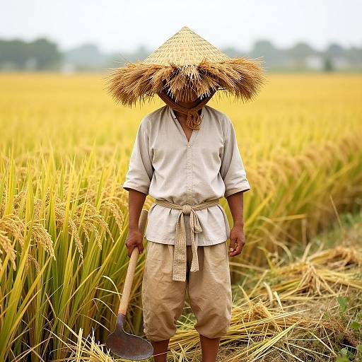 Photograph of a young Asian farmer in a straw hat, white shirt, beige shorts, standing in a golden rice field, holding a sickle.