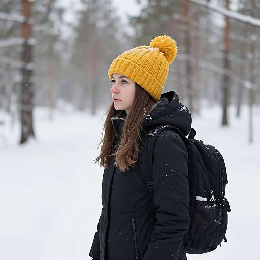 Photograph of a young woman with fair skin, brown hair, wearing a yellow knit beanie, black winter coat, and backpack, standing in a
