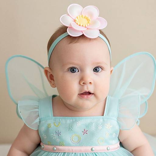 Photograph of a baby with blue eyes, wearing a light blue fairy dress, translucent wings, and a white flower headband, against a beige background