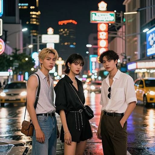 Nighttime city street photograph of three stylish young adults: blonde man in striped shirt, brunette woman in black dress, dark-haired man in white shirt,