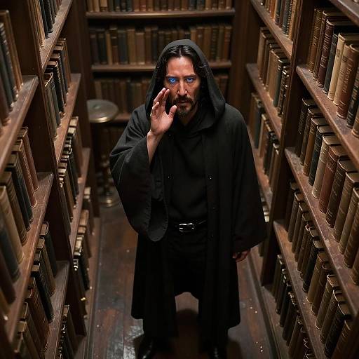 Photograph of a bearded man with blue eyes, wearing a black hooded robe, standing in a narrow, dimly-lit library aisle,