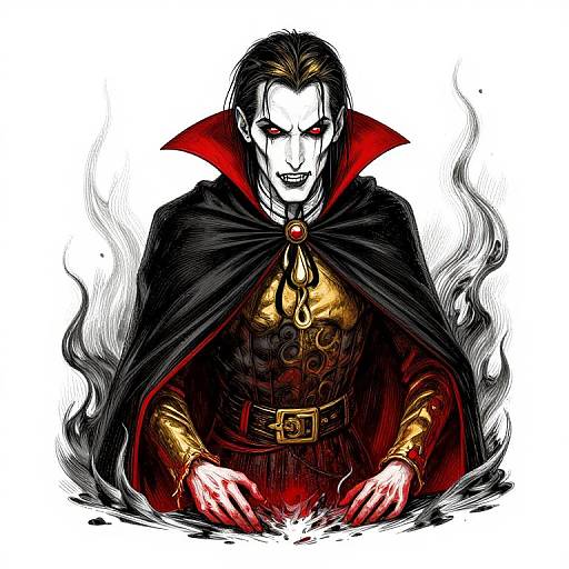 Digital anime-style drawing of a pale vampire with sharp red eyes, black cape with red interior, gold armor, and bloodied hands.