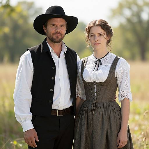 Photograph of a rugged man in black vest and hat, standing beside a fair-skinned woman in a dark dress and white blouse, in a sun