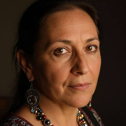 Photograph of a middle-aged woman with medium brown skin, dark hair, brown eyes, wearing ornate earrings and beaded necklace, against a dark
