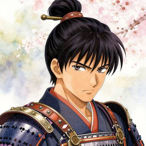 Anime-style digital drawing of a stern-looking, black-haired samurai with a topknot, wearing detailed, dark armor with red accents, against a
