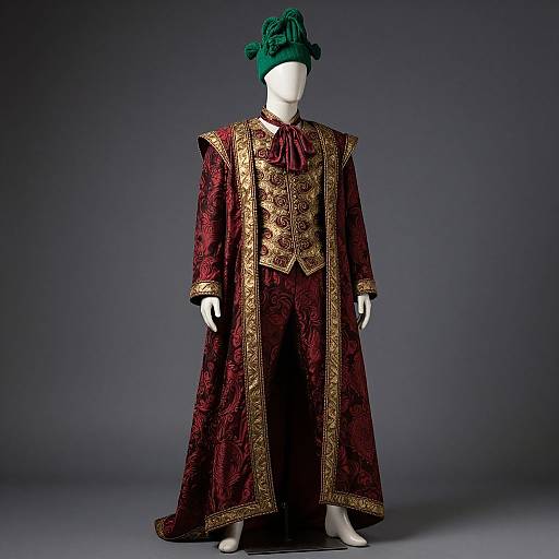 Photograph of a mannequin in opulent, deep red, gold-embroidered 18th-century-style court attire with a green tur