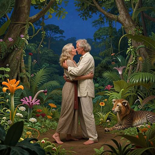 Photograph-style digital artwork of an elderly white couple kissing in a vibrant, exotic jungle, surrounded by colorful flowers and a zebra.